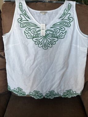 Talbots White Linen Tank with Green Embroidered Neckline and Hem